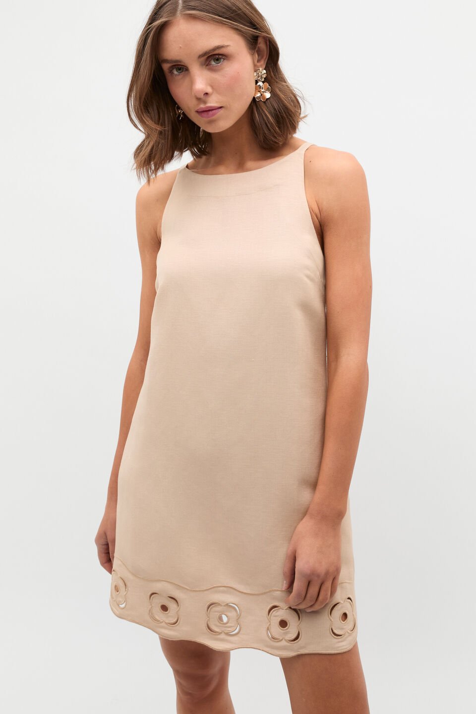 Retro Embroidered Mini Dress  Ecru