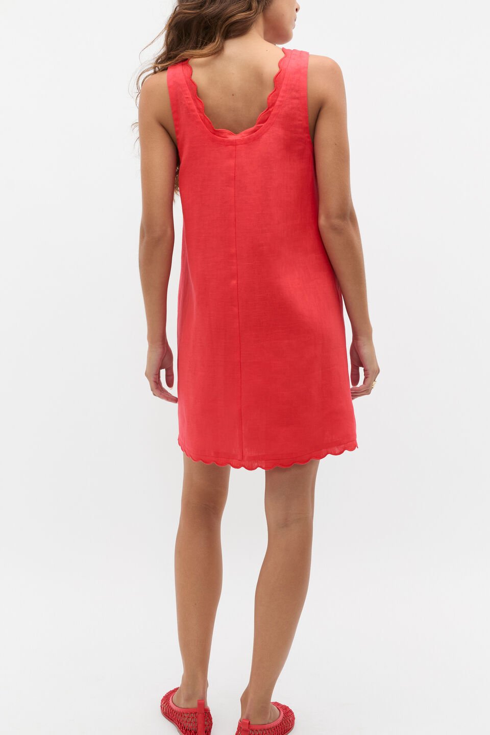 Linen Wave Scallop Sleeveless Dress  Electric Crimson