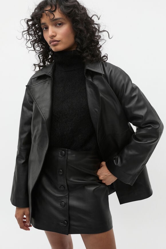 Leather Cropped Trench Coat  Black  hi-res