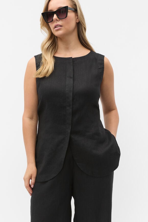 Linen Concealed Placket Vest  Black  hi-res