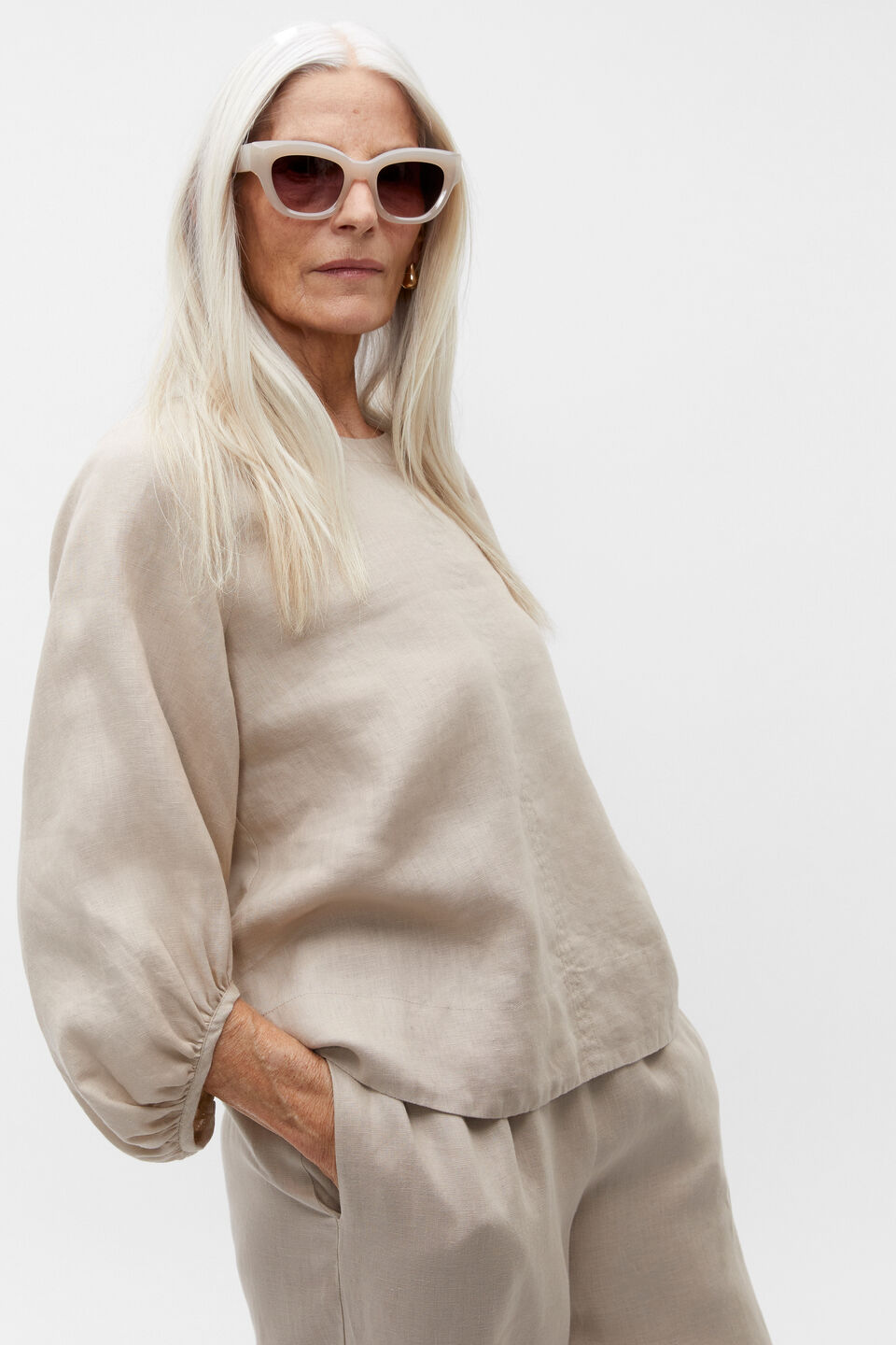 Core Linen Balloon Sleeve Top  Cool Sand