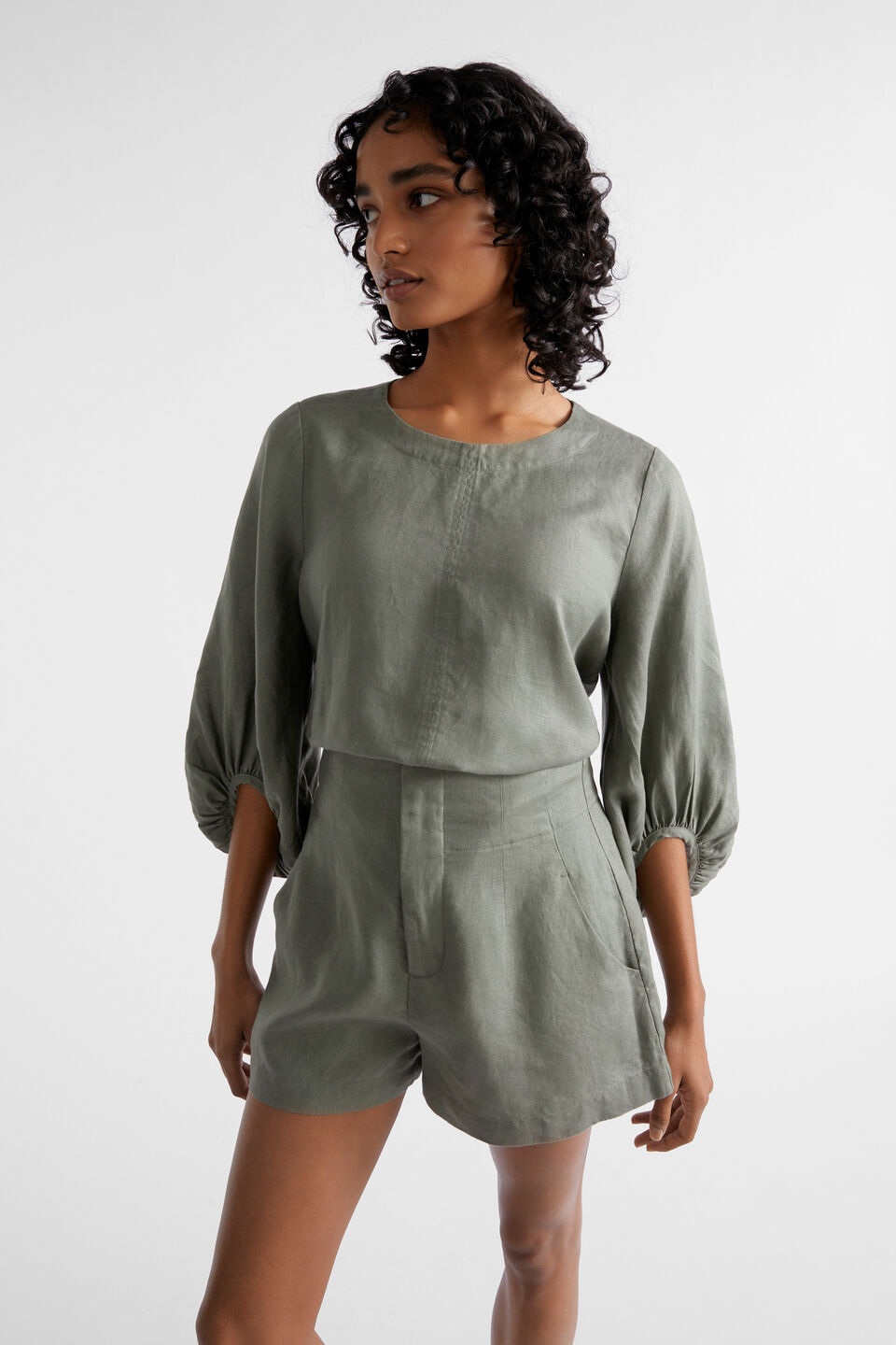 Core Linen Balloon Sleeve Top  Smokey Olive