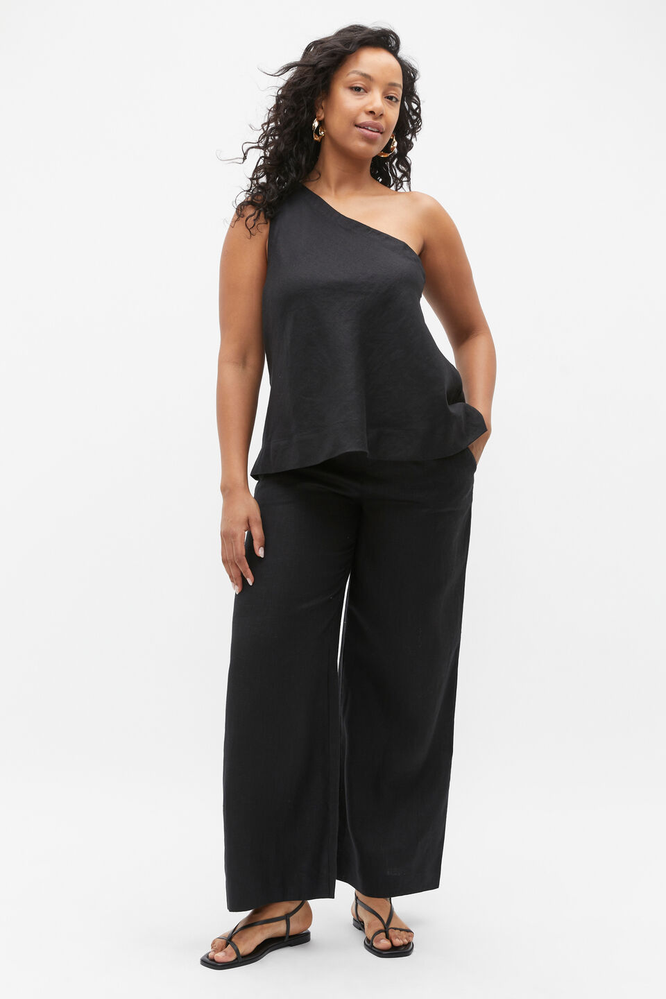 Linen One Shoulder Top  Black