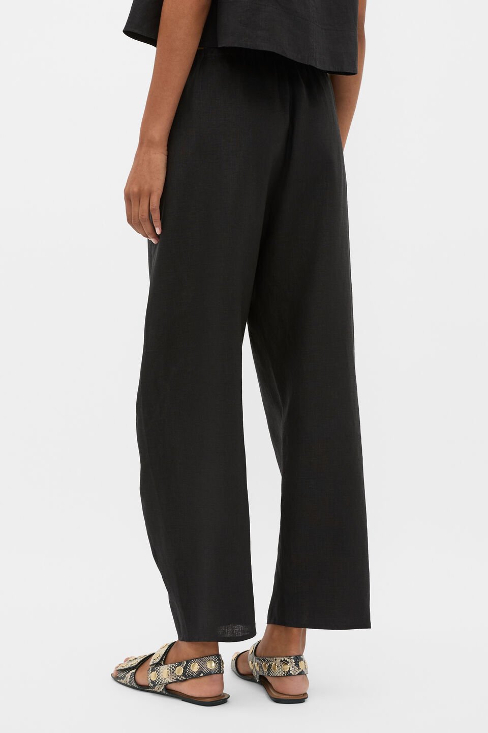 Linen Barrel Leg Elasticated Pant  Black