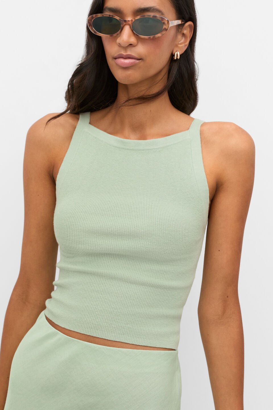 Cotton Blend Rib Knit Top  Eucalyptus