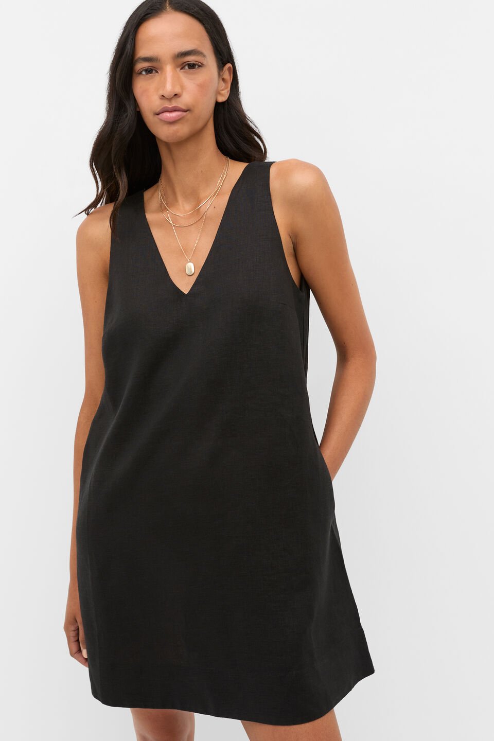 Linen V Neck Mini Dress  Black