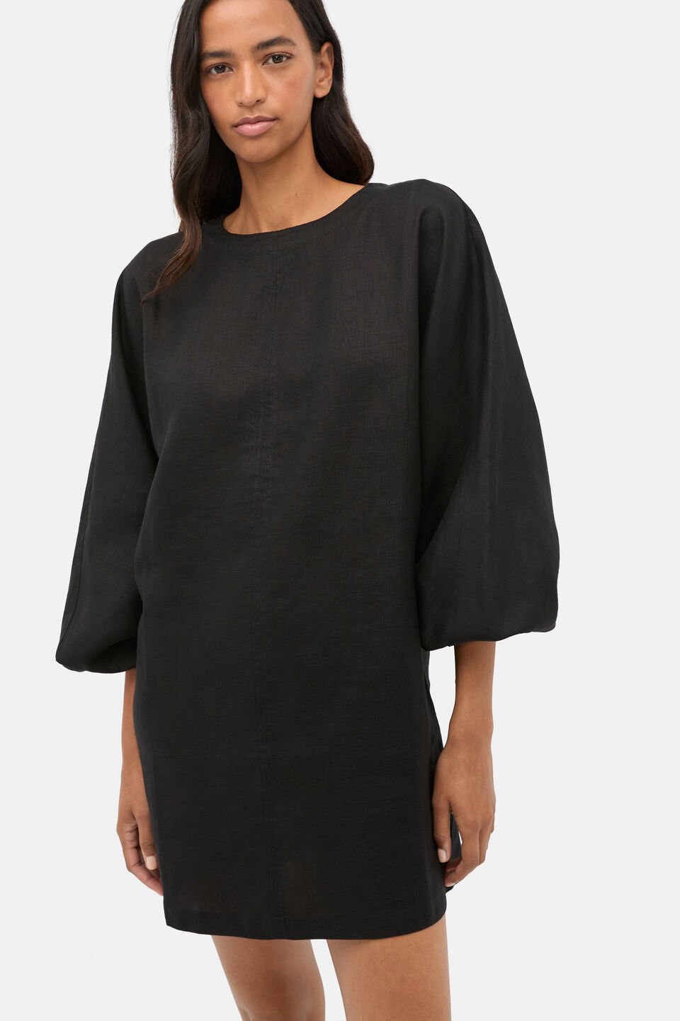 Linen Blouson Sleeve Dress  Black