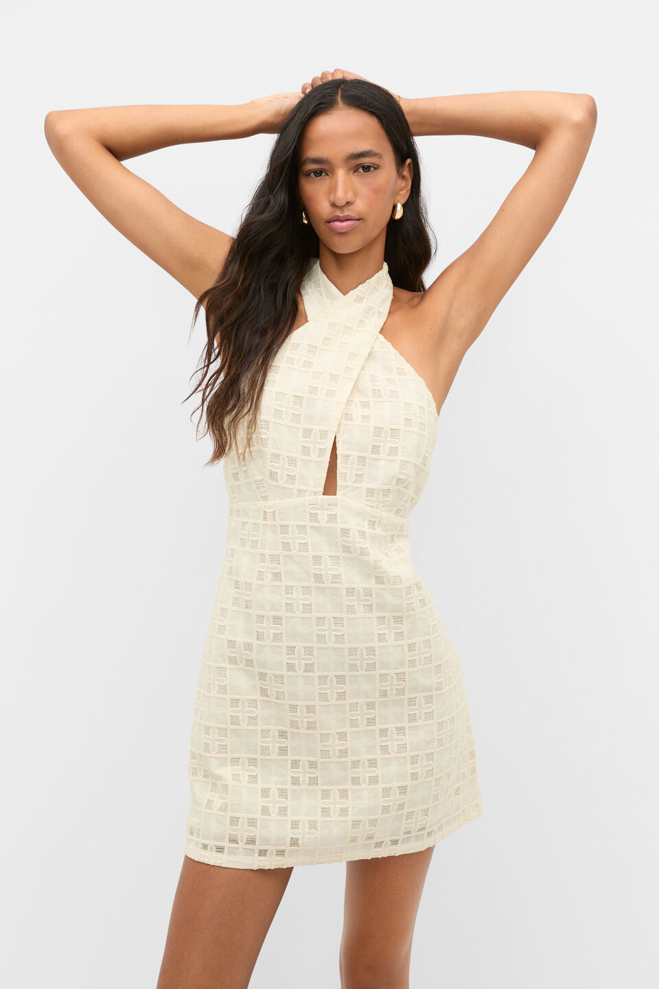 Tile Embroidery Halter Mini Dress  Coconut Cream