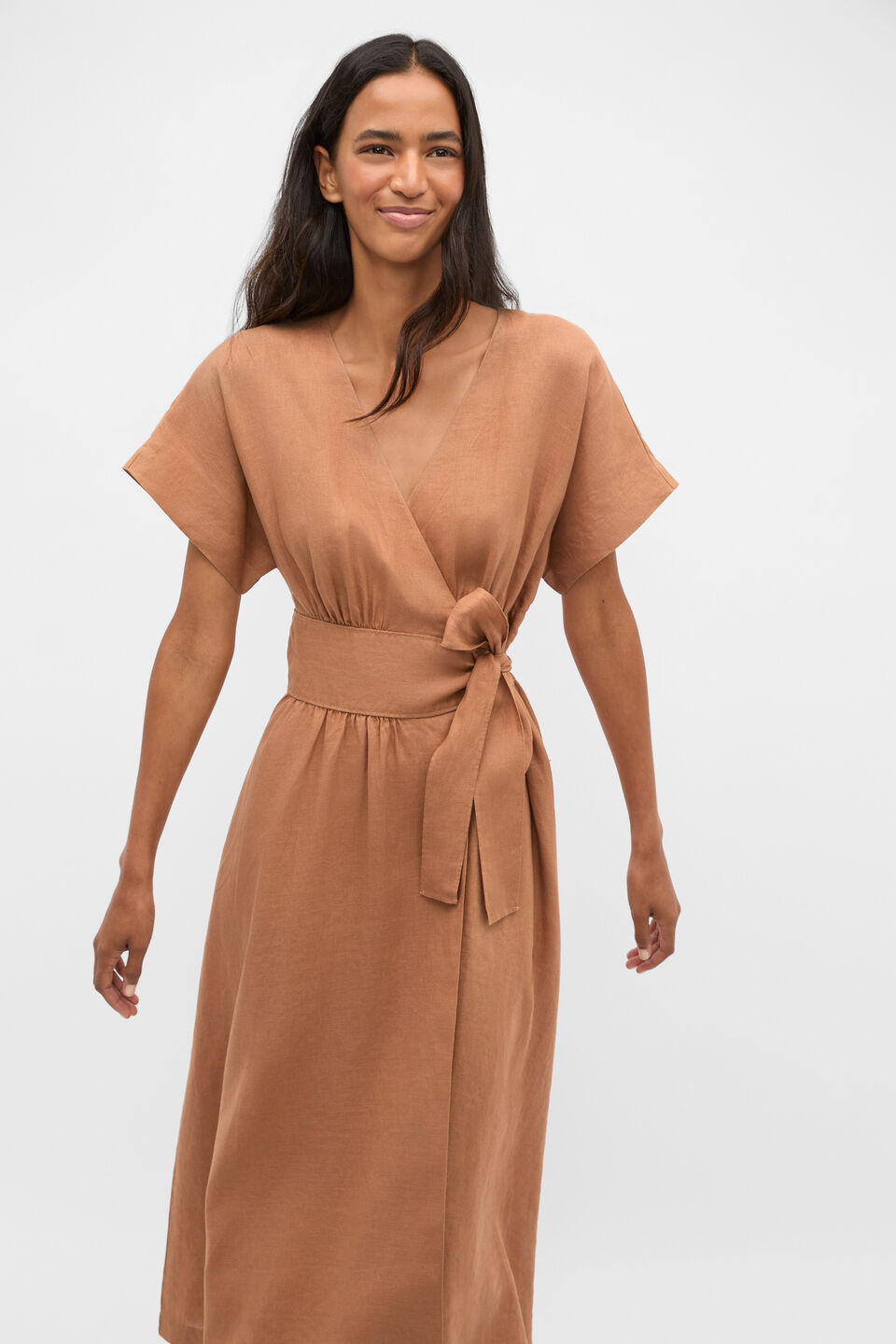 Linen Wrap Midi Dress  Copper