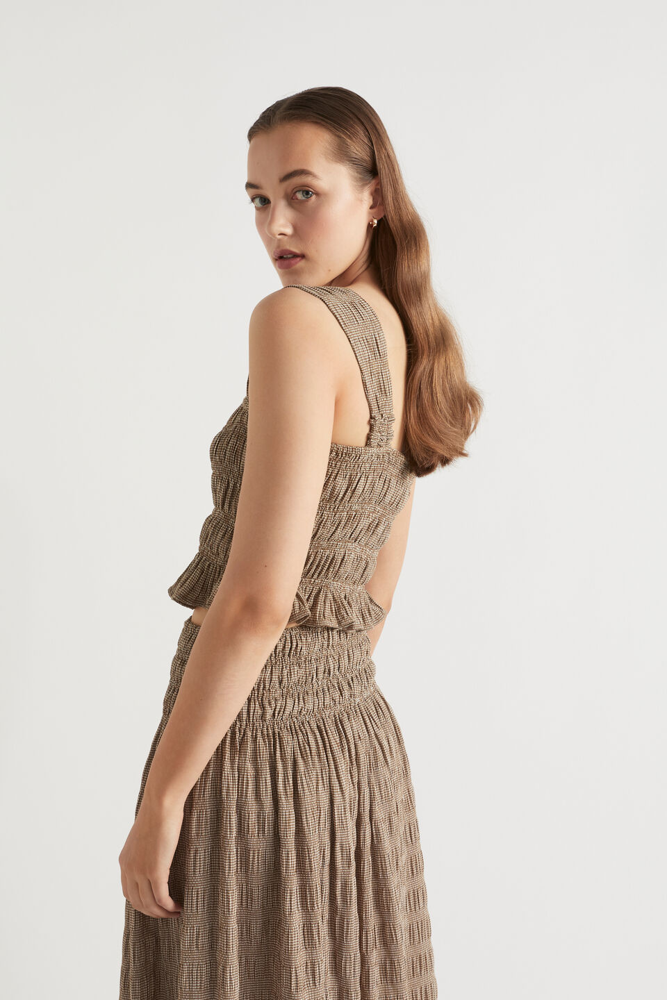 Textured Gingham Shirred Bodice  Pecan Brown Gingham