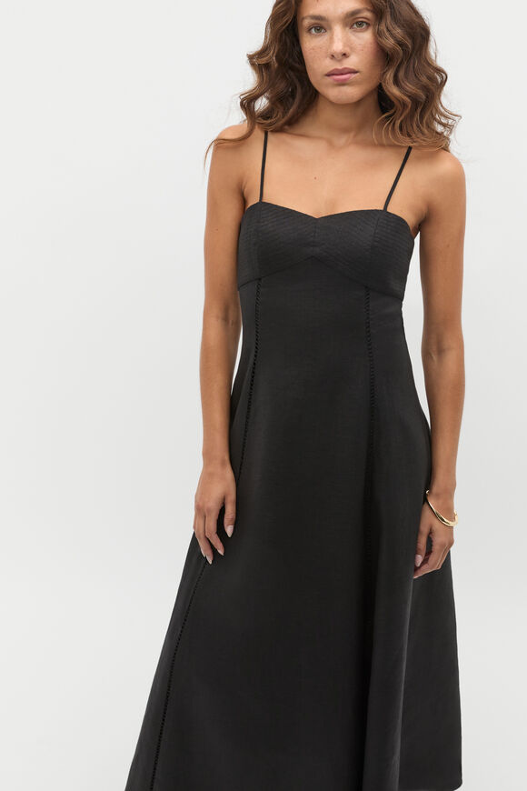Linen Trim Insert Midi Dress  Black  hi-res