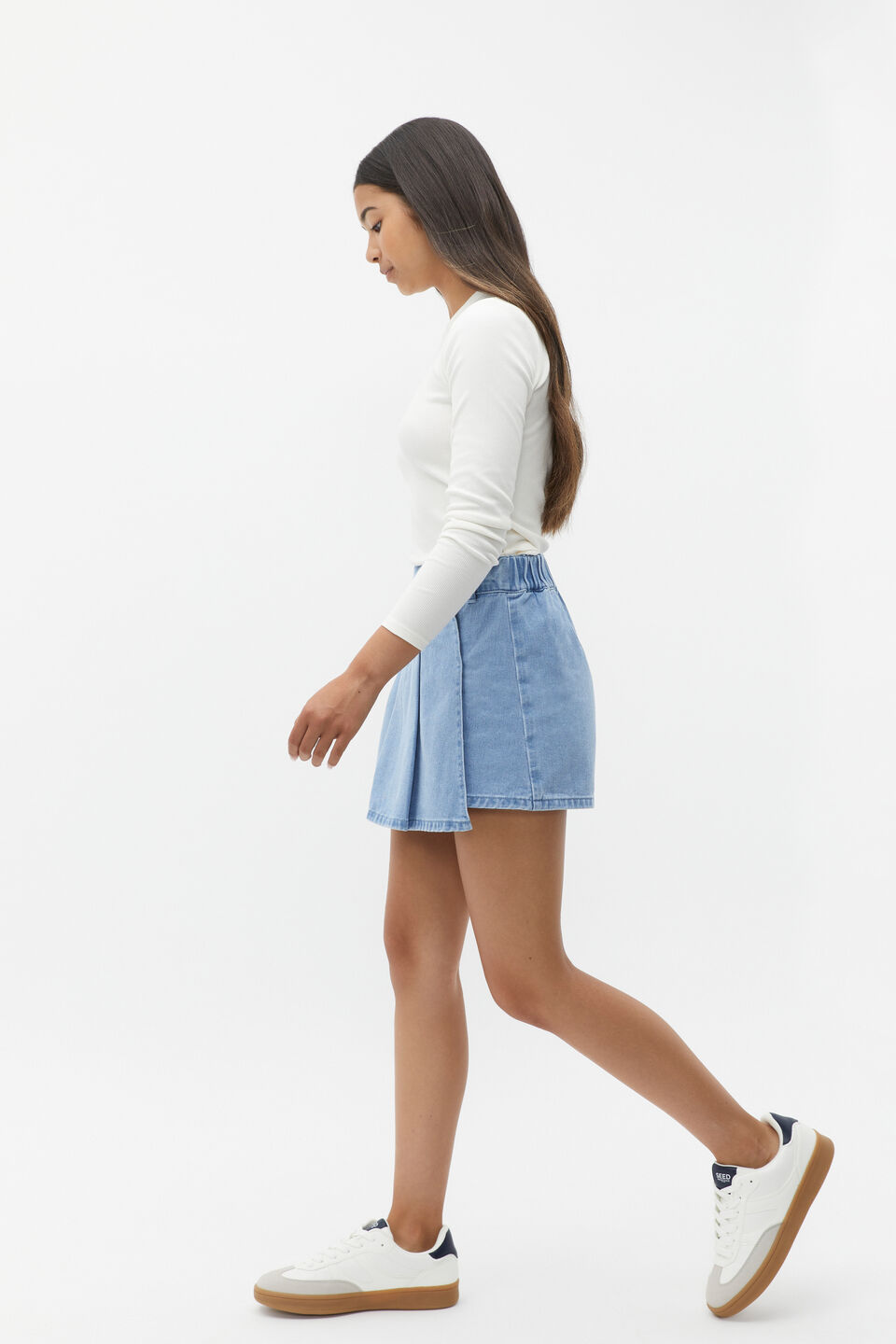 Denim Pleat Skort  Clean Blue Wash