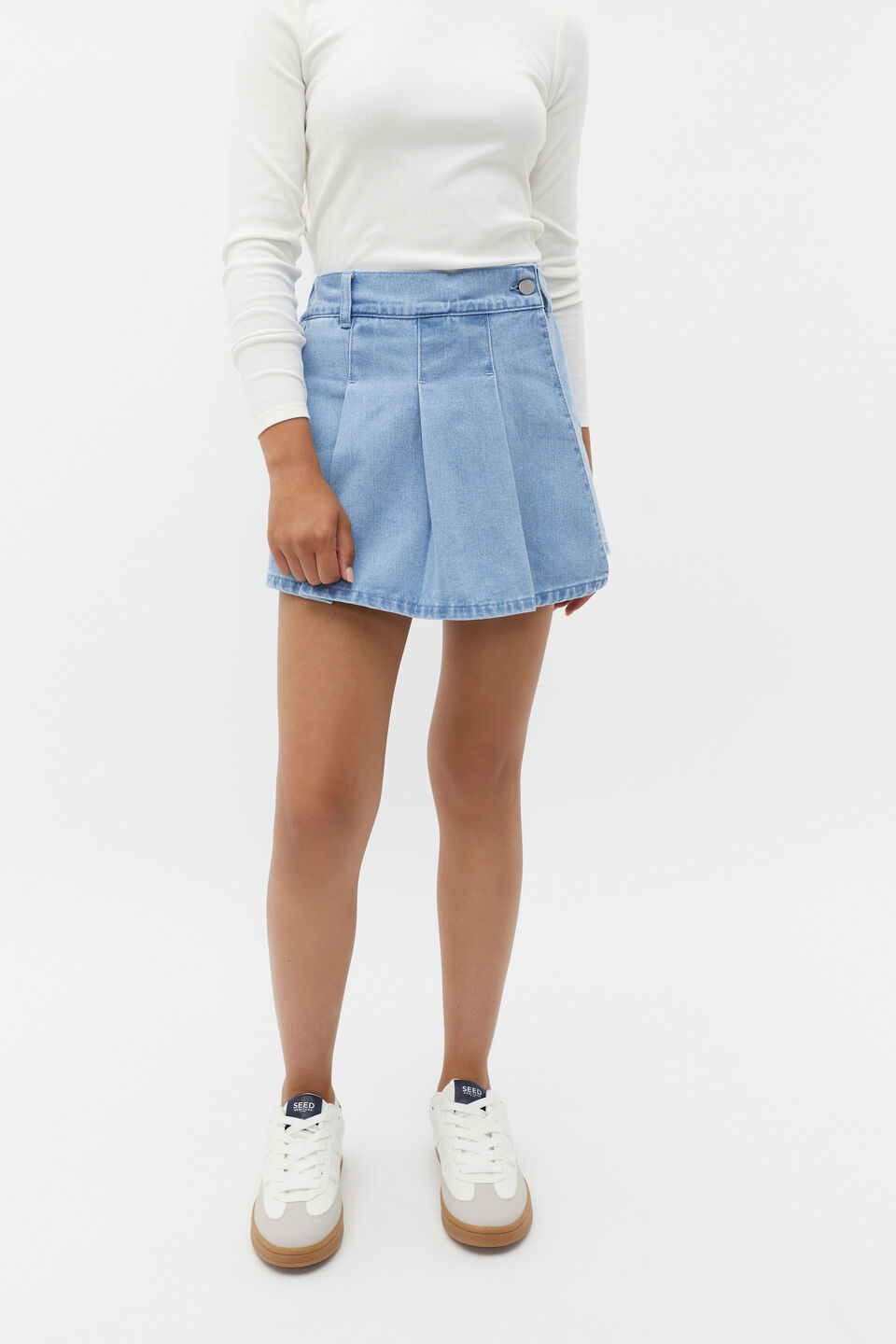 Denim Pleat Skort  Clean Blue Wash