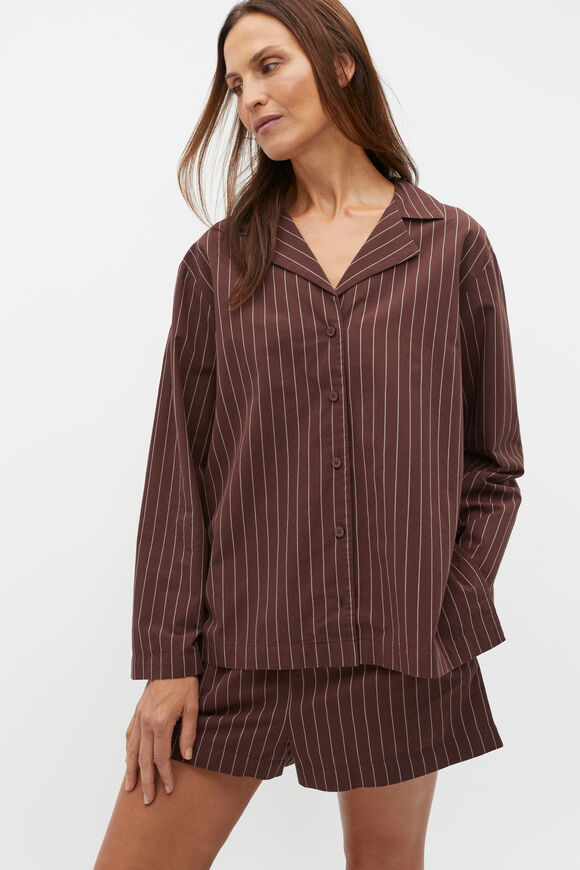 Stripe Long Sleeve Shirt And Short PJ Set  Claret Stripe  hi-res