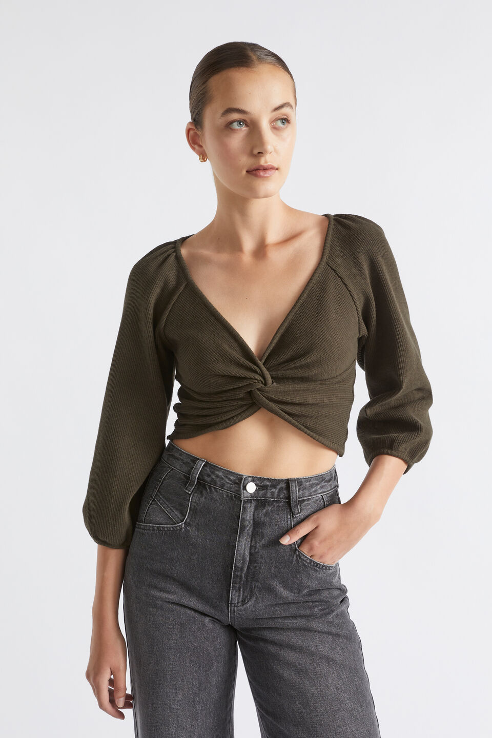 Twist Front Rib Top  Dark Fern