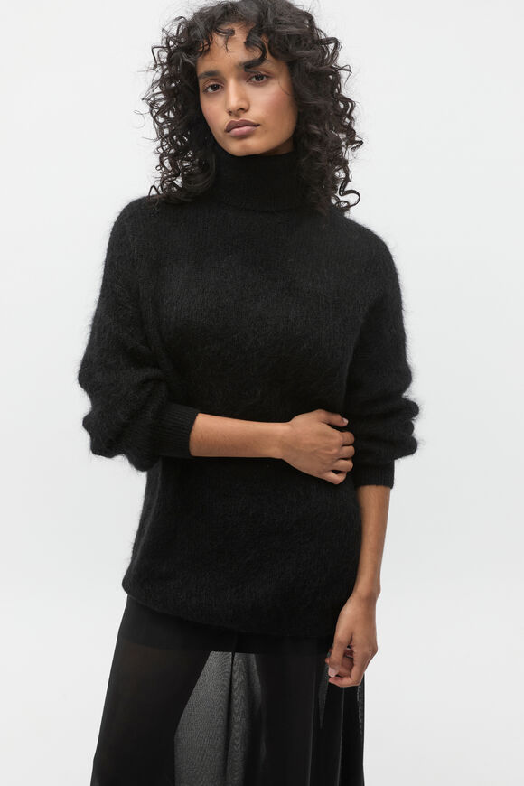 Longline Rib Roll Neck Knit  Black  hi-res