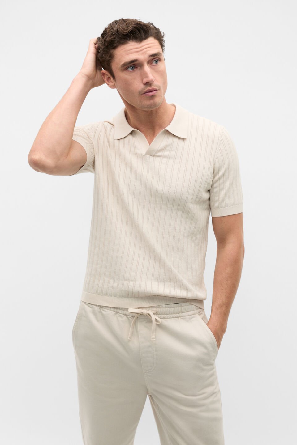 Stripe Cotton Knit Polo  Pebble