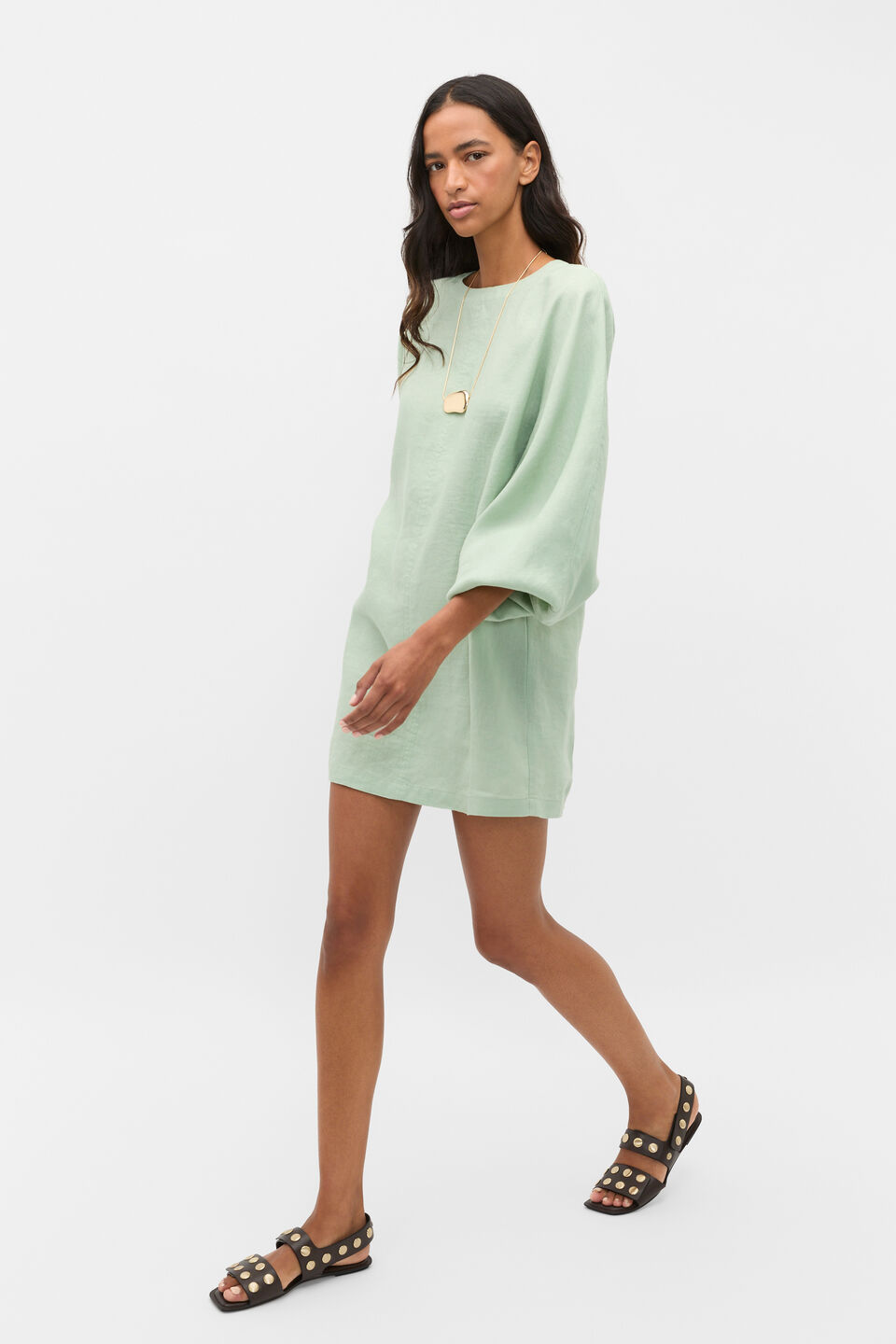 Linen Blouson Sleeve Dress  Eucalyptus