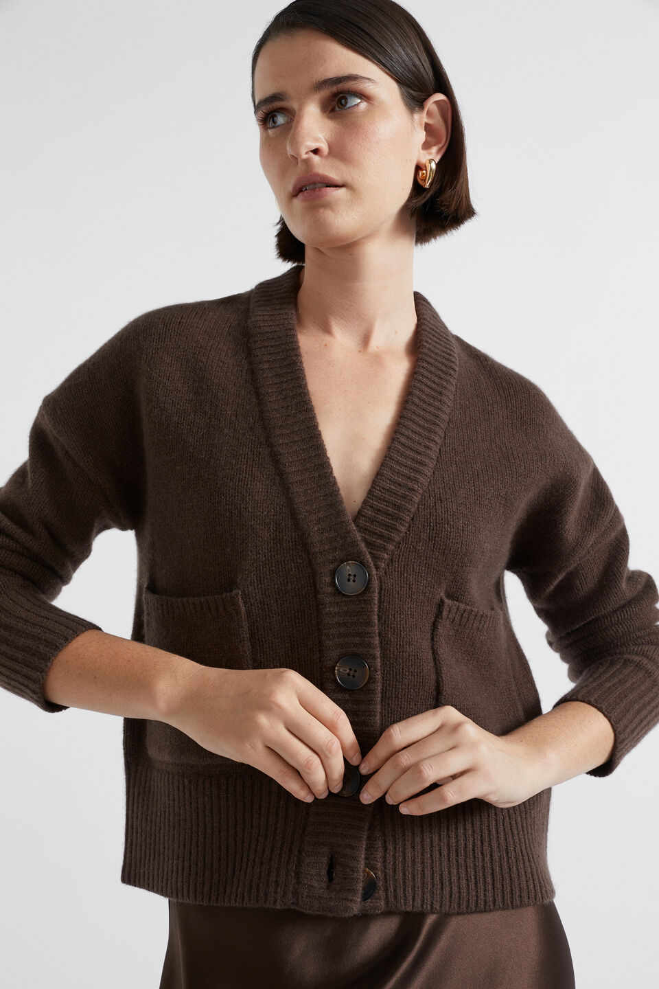 Merino Wool Pocket Cardigan  Dark Espresso