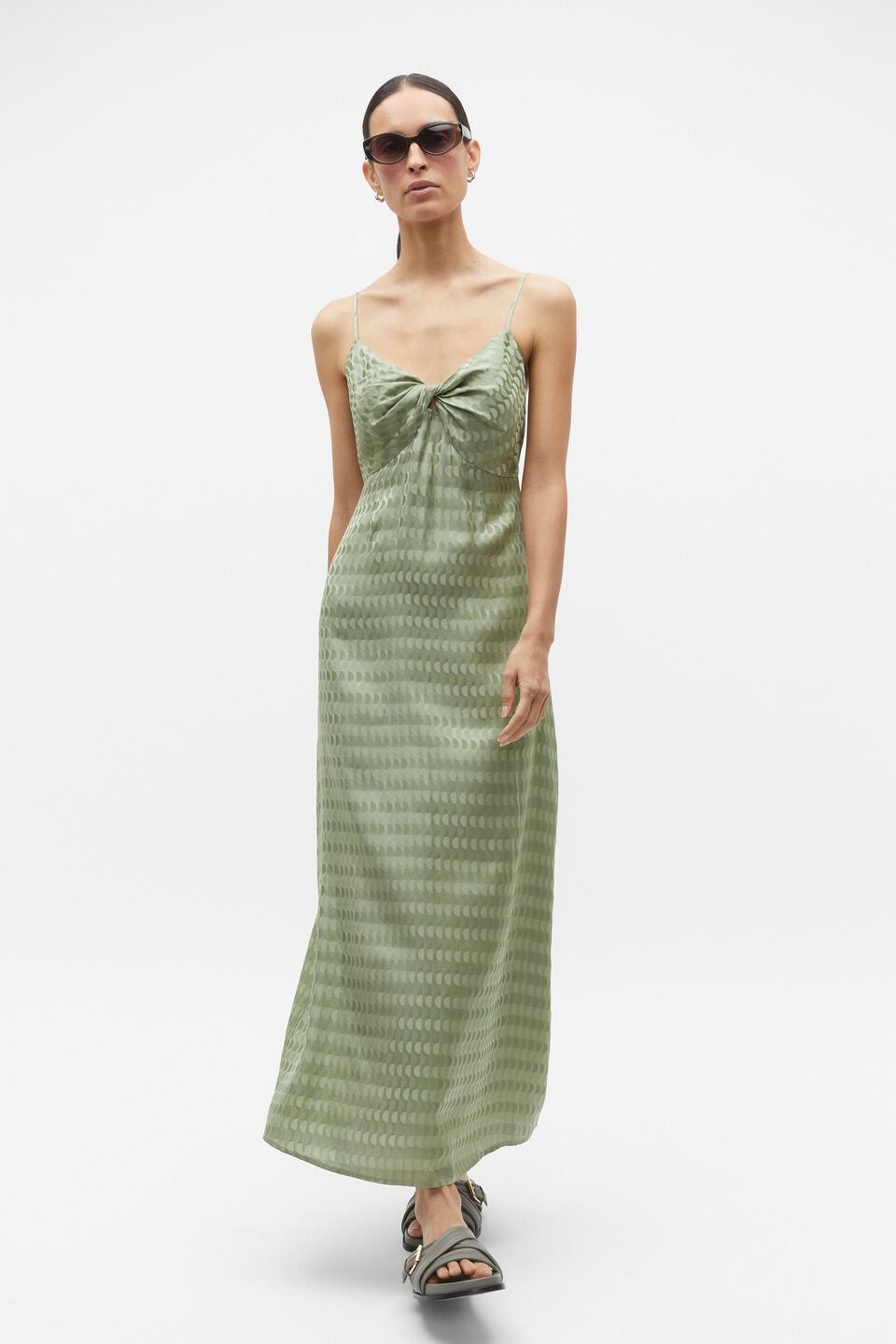 Jacquard Twist Front Midi Dress  Pale Olive