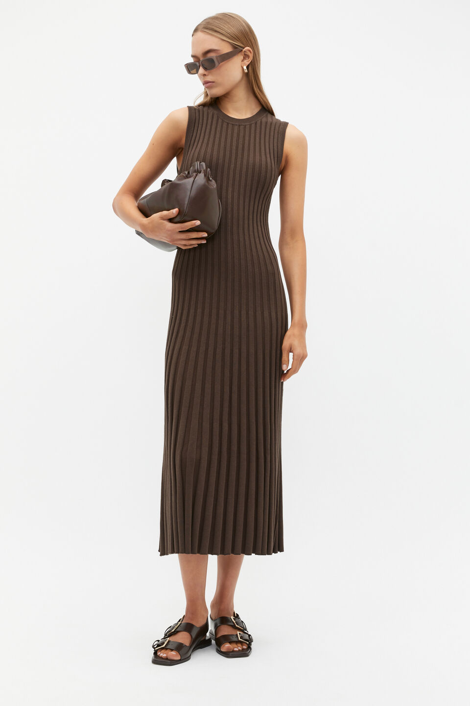 Pleated Knit Tank Dress  Dark Espresso