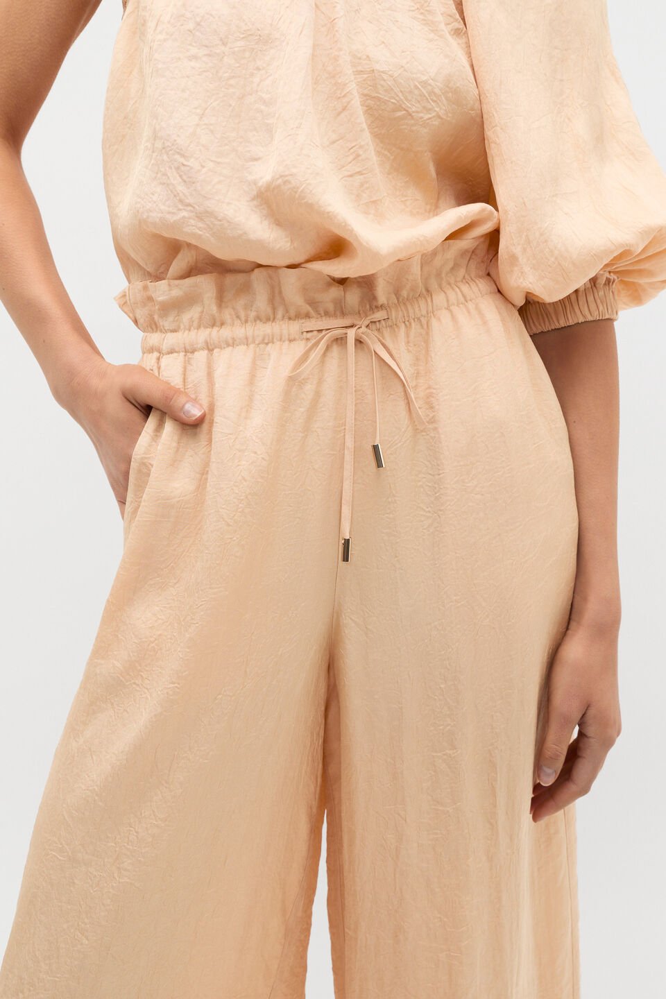 Textured Satin Paperbag Pant  Apricot
