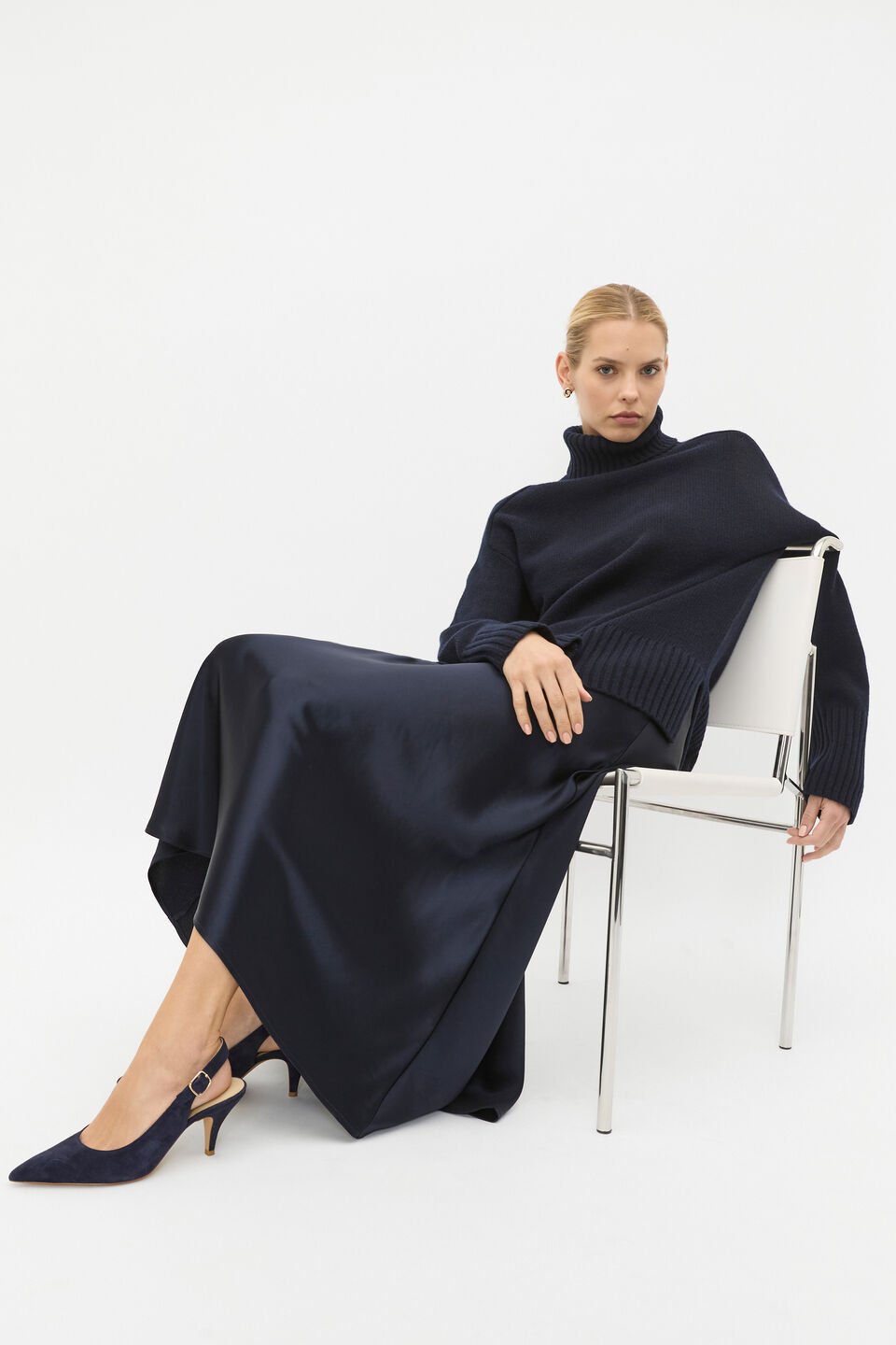 Merino Wool Roll Neck Side Split Knit  Twilight Blue