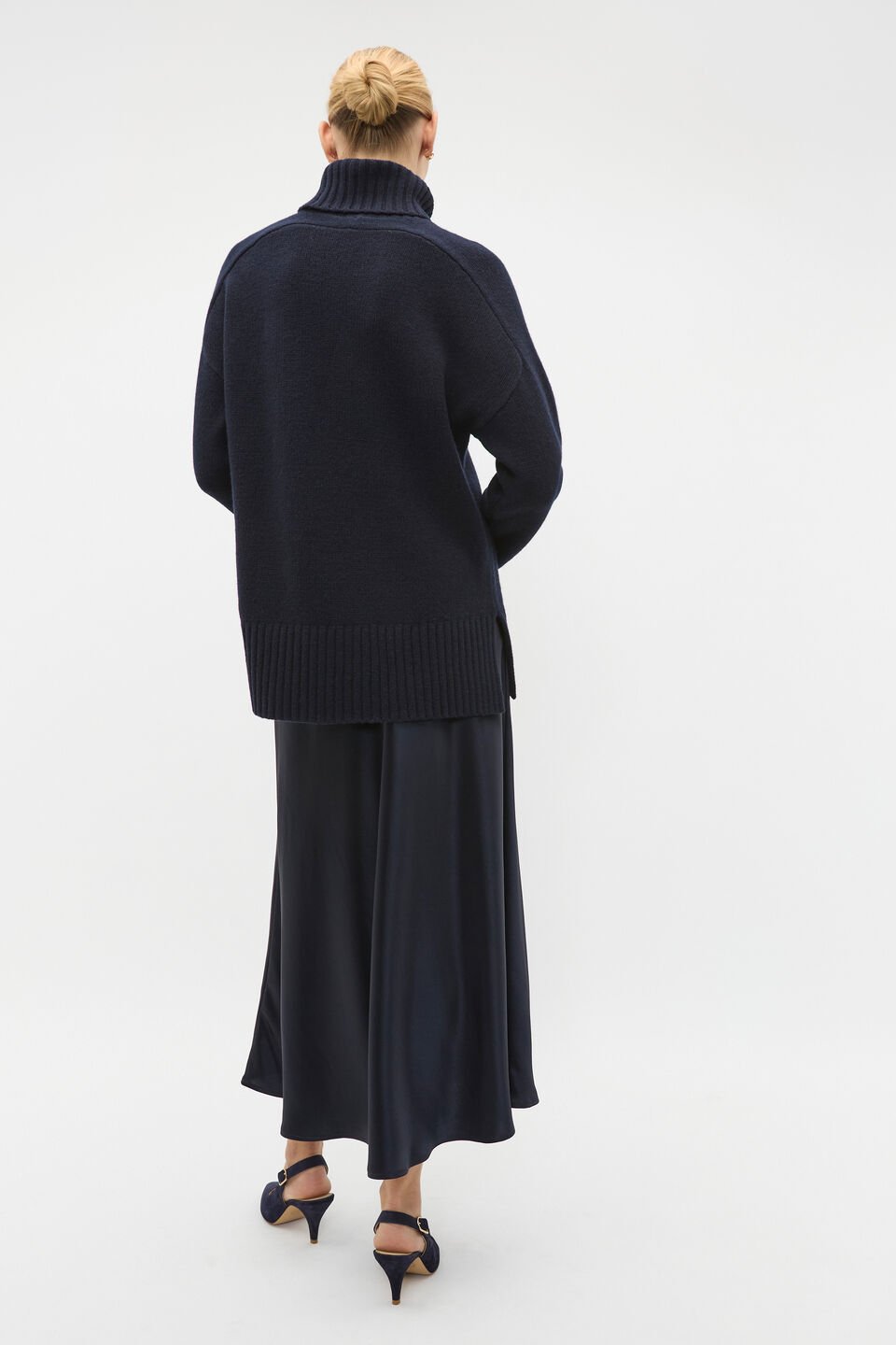 Merino Wool Roll Neck Side Split Knit  Twilight Blue