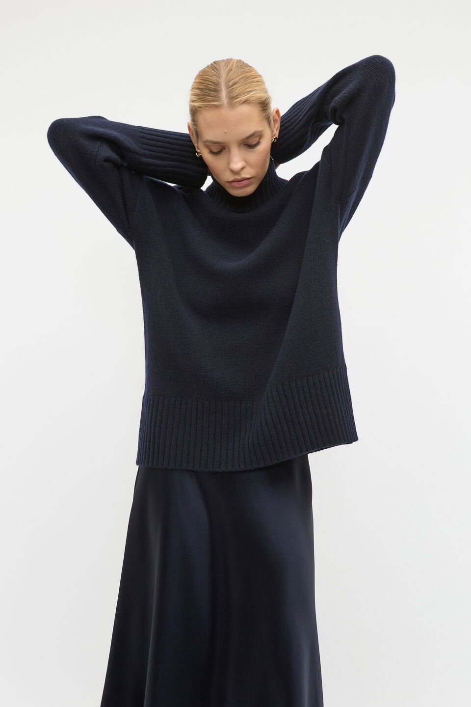 Merino Wool Roll Neck Side Split Knit  Twilight Blue