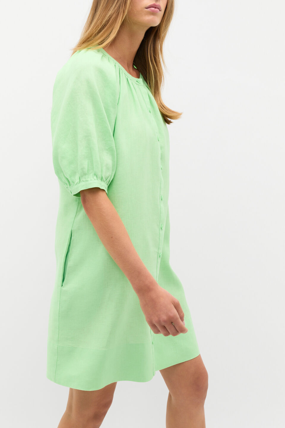 Linen Gathered Mini Dress  Green Apple