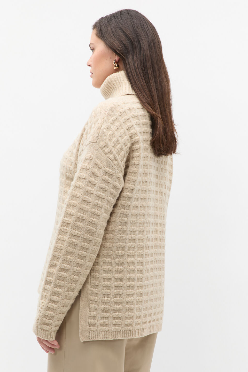 Merino Mixed Stitch Roll Neck  Latte Marle