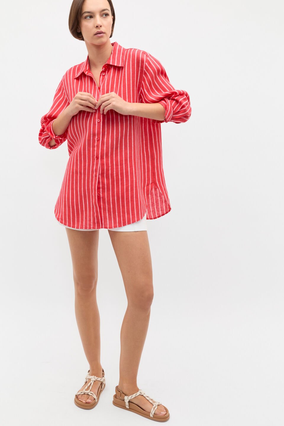 Linen Oversized Shirt  Electric Crimson Stripe