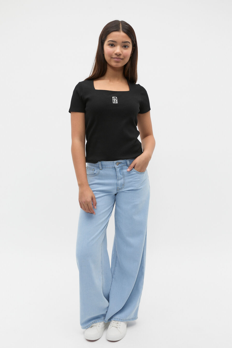 Square Neck Logo Rib Tee  Black