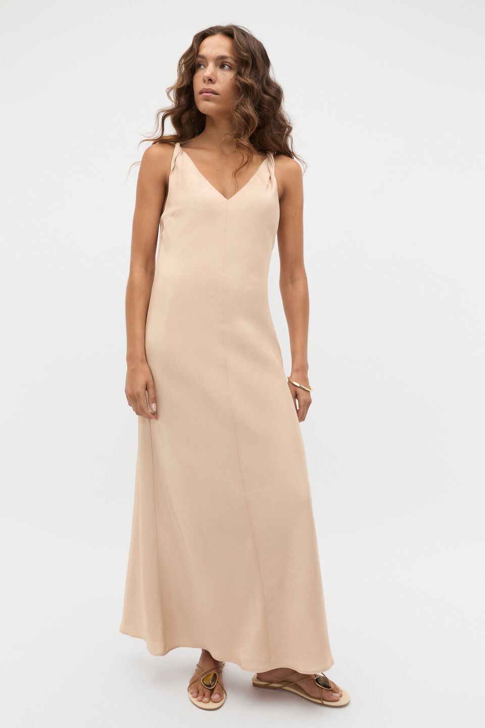 Crinkled Satin Twist Shoulder Dress  Ecru