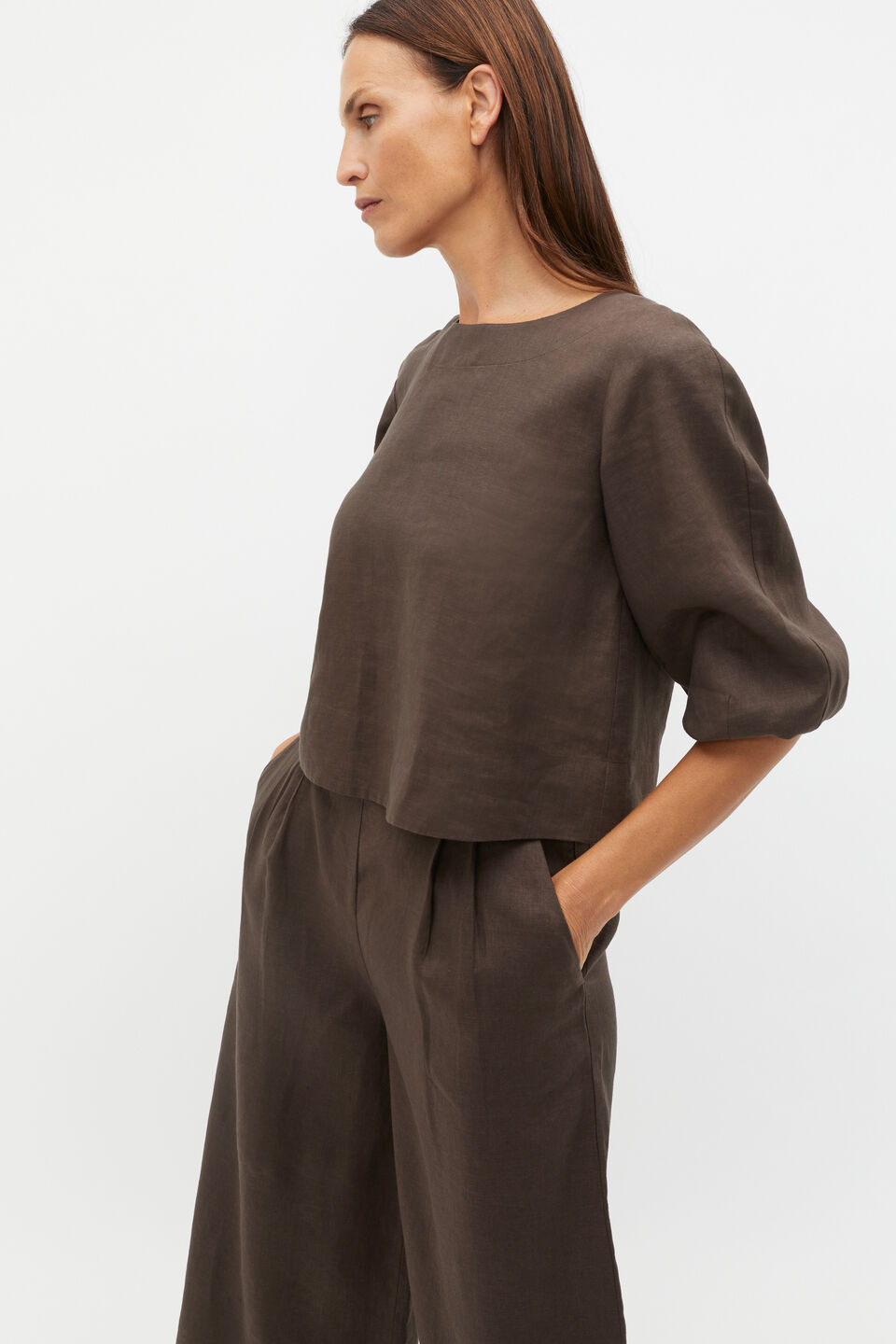 Linen Balloon Sleeve Top  Dark Espresso