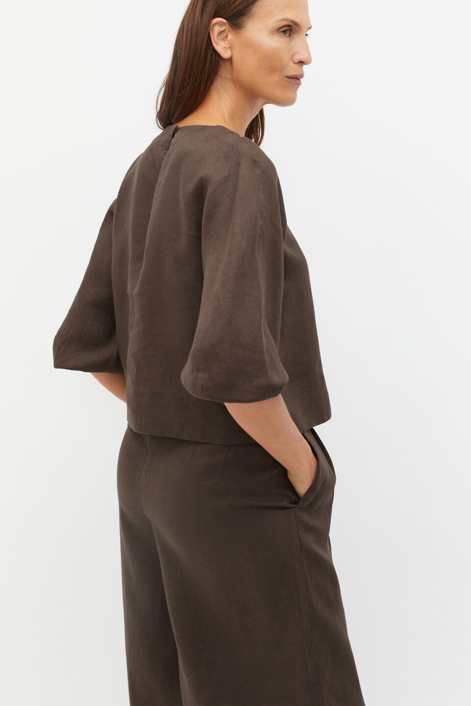 Linen Balloon Sleeve Top  Dark Espresso