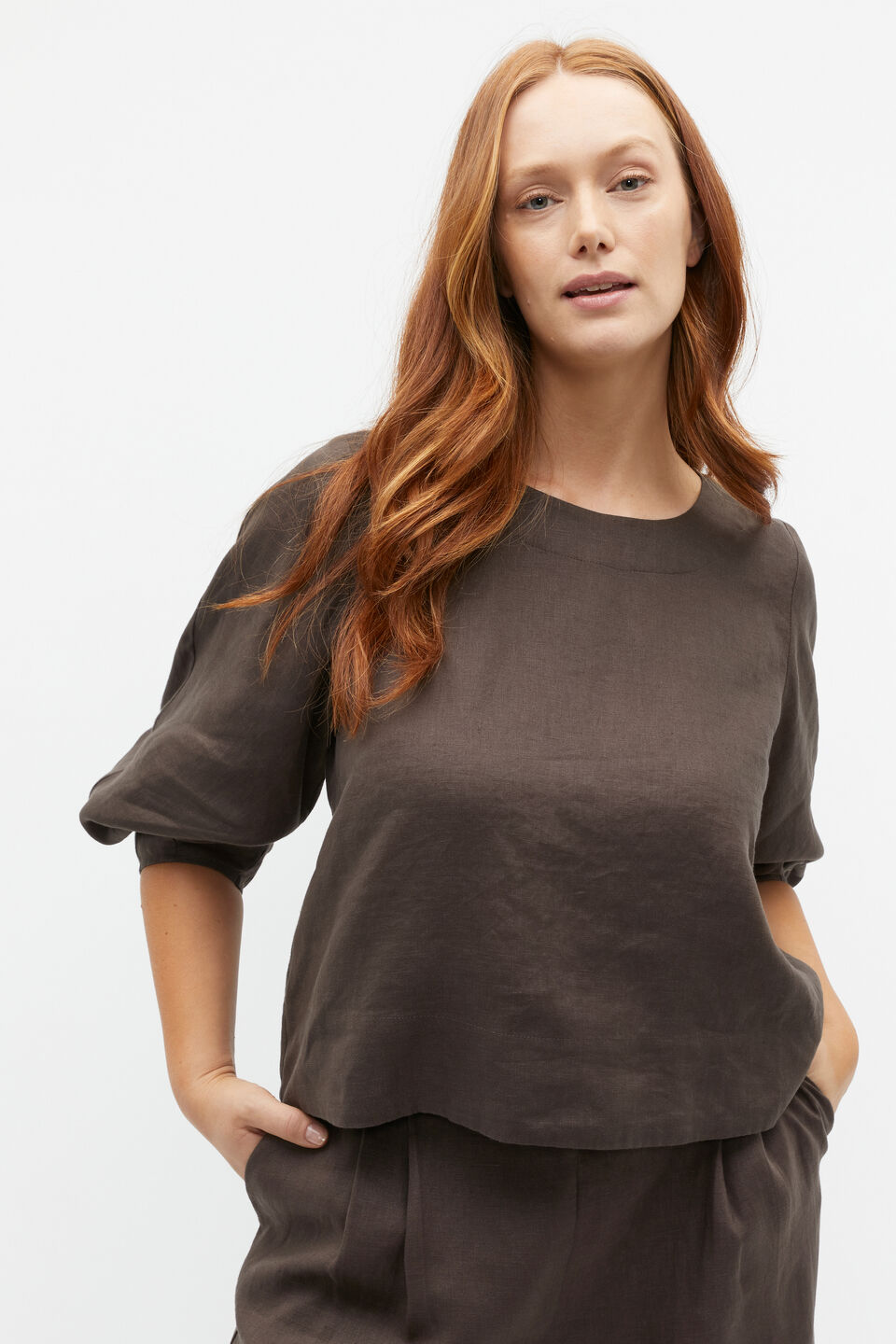 Linen Balloon Sleeve Top  Dark Espresso