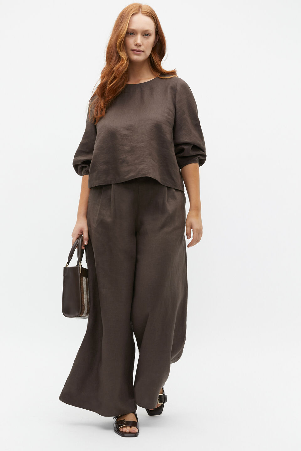 Linen Balloon Sleeve Top  Dark Espresso