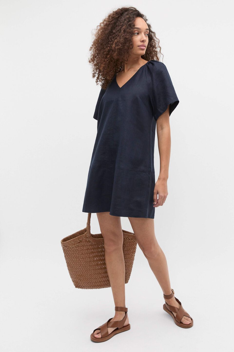 Linen V Neck Flutter Sleeve Mini Dress  Twilight Blue