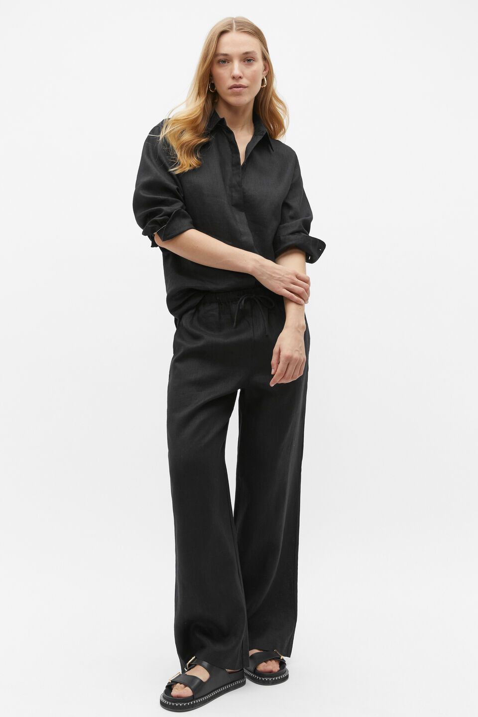 Core Linen Wide Leg Tie Pant  Black