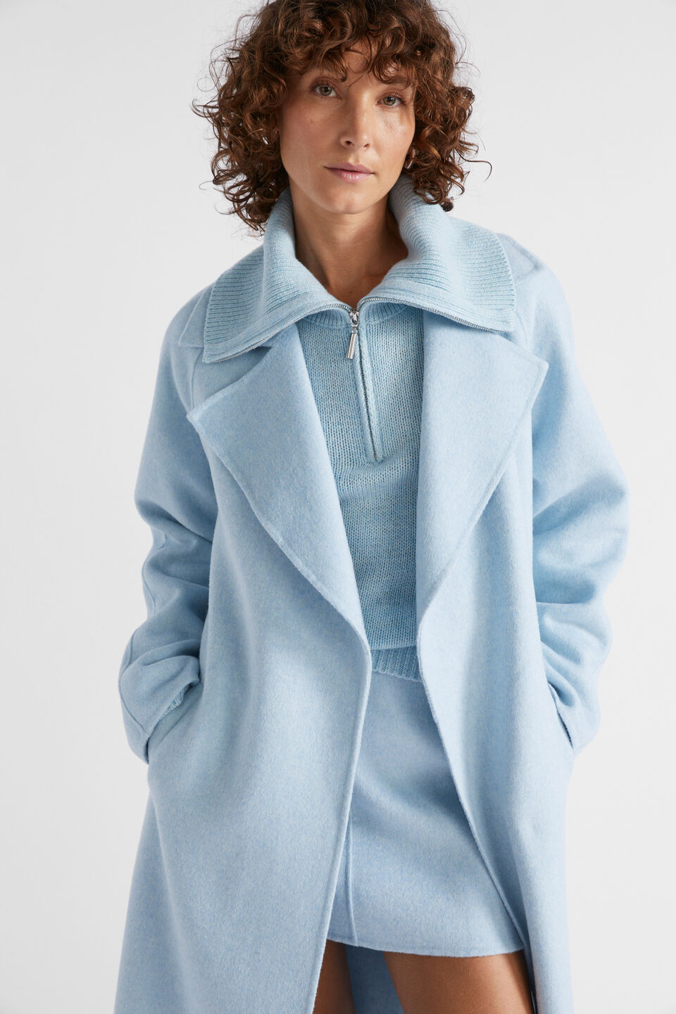 Wool Blend Tie Coat  Capri Marle