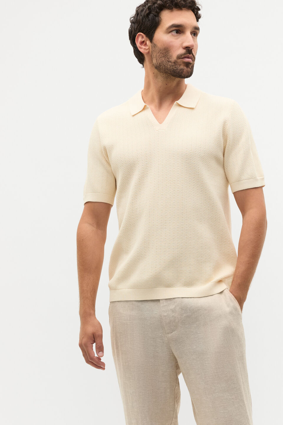 Textured Knit Polo  Cream