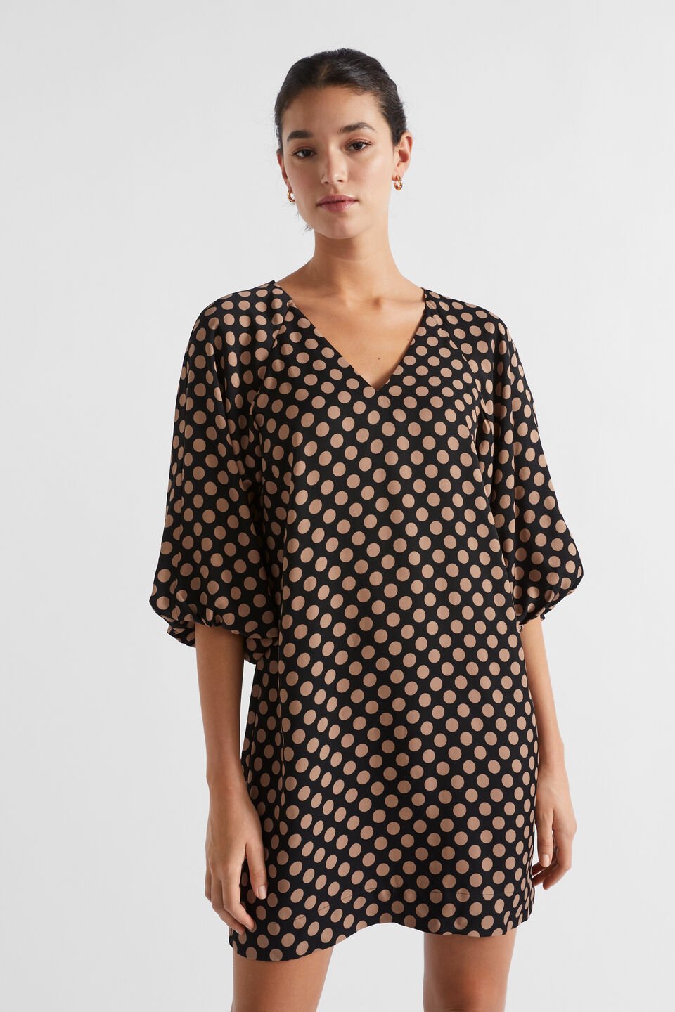 Spot Twill V Neck Mini Dress  Macchiato Spot