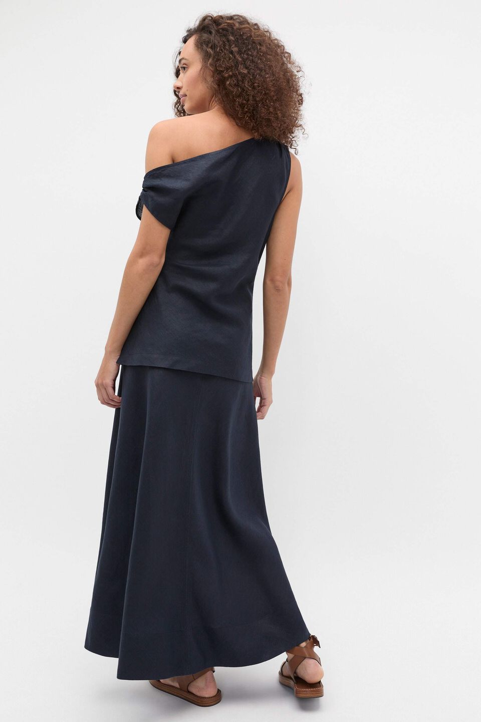 Linen Draped Shoulder Top  Twilight Blue