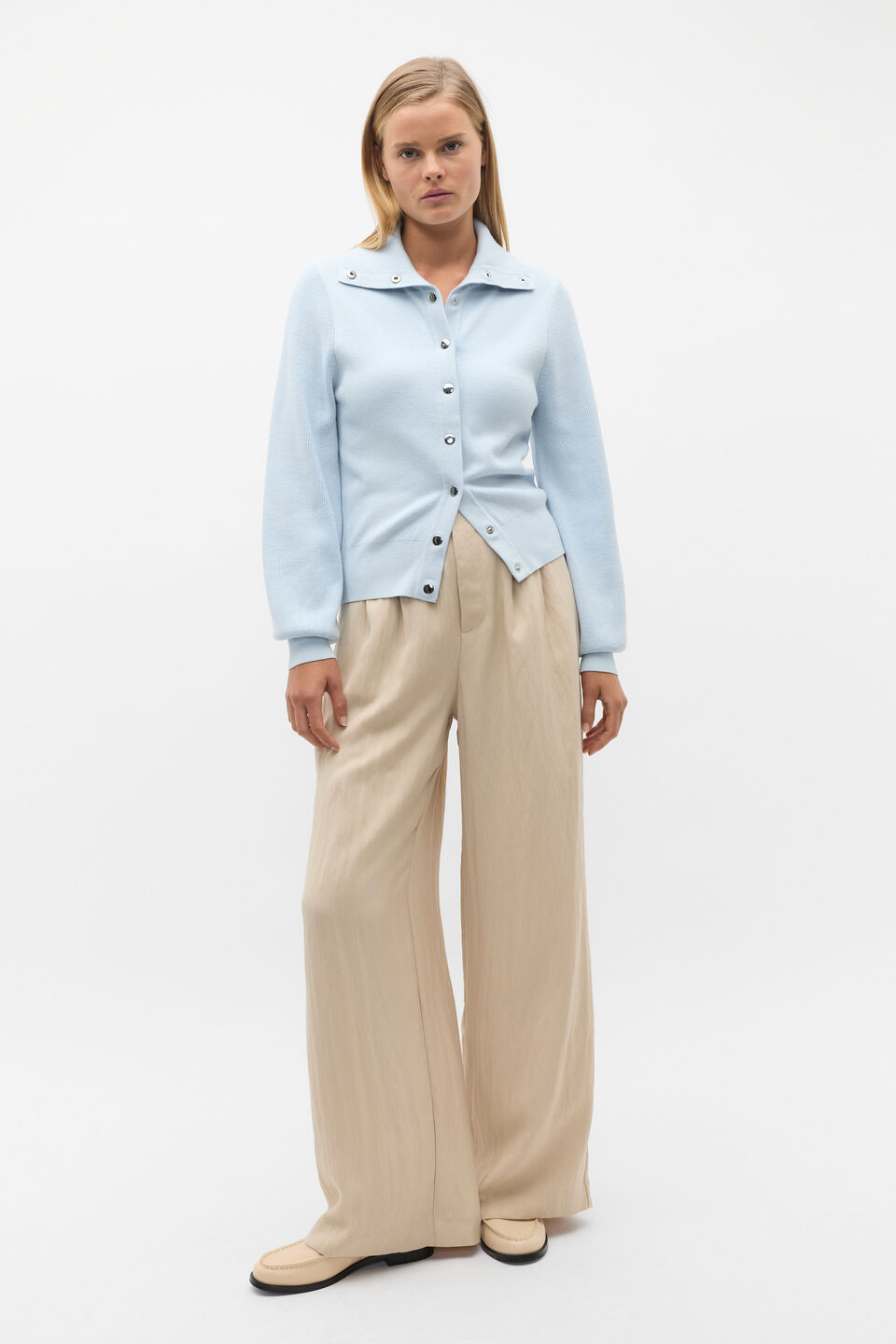 Double Knit High Neck Button Through  Ice Blue