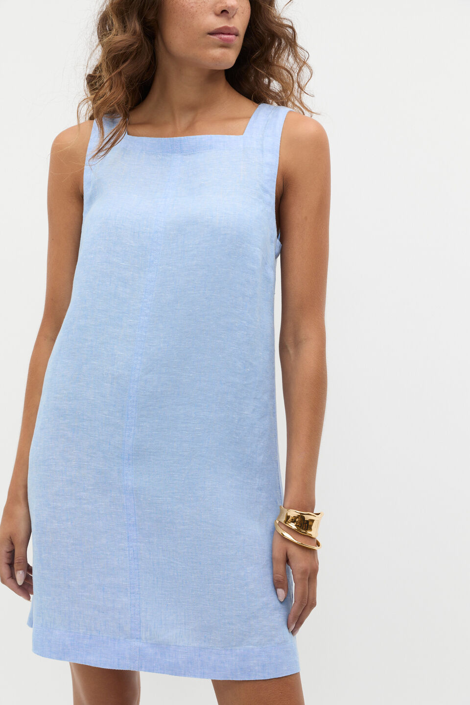 Linen Square Neck Mini Dress  Cornflower Blue Crossdye