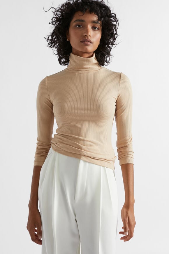 Core Rib Roll Neck Top  Champagne Beige  hi-res