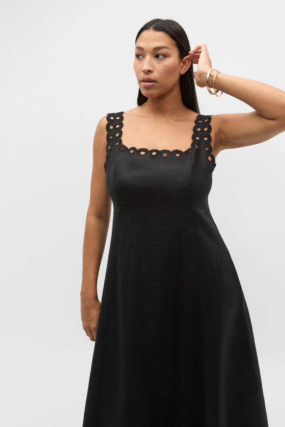 Linen Embroidered Midi Dress  Black  hi-res