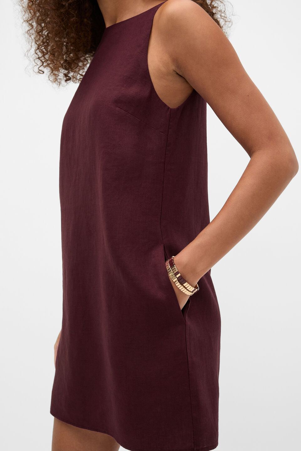 Linen Boat Neck Mini Dress  Plum Red