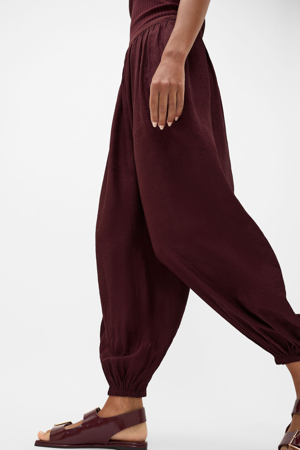 Textured Satin Harem Pant  Plum Red